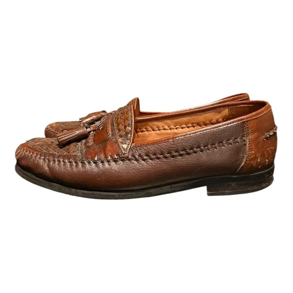 Brass Boot Men’s Brown Leather Weave Slip On Tassel Loafer Size 10.5 - Picture 5 of 9
